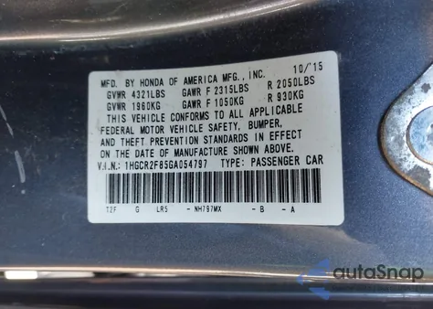 2016 Honda Accord Ex-L из США, поврежденный, VIN 1HGCR2F85GA054797